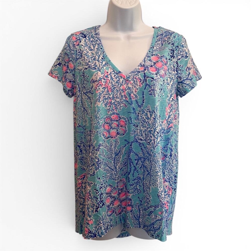 NWT Lilly Pulitzer S Etta V-Neck Top Blue Ibiza Now you Sea Me Preppy Beach Tee